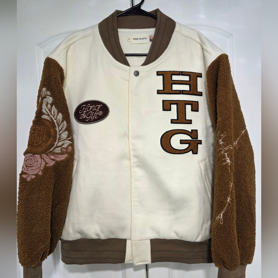 Mens Honor The Gift Cream And Brown Lettermen Varsity Jacket Size Medium